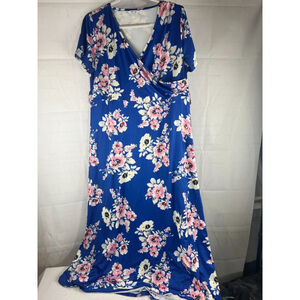 Women's Summer Maternity Short Sleeve V-Neck Floral Maxi Dress Size 2XL Blue EUC